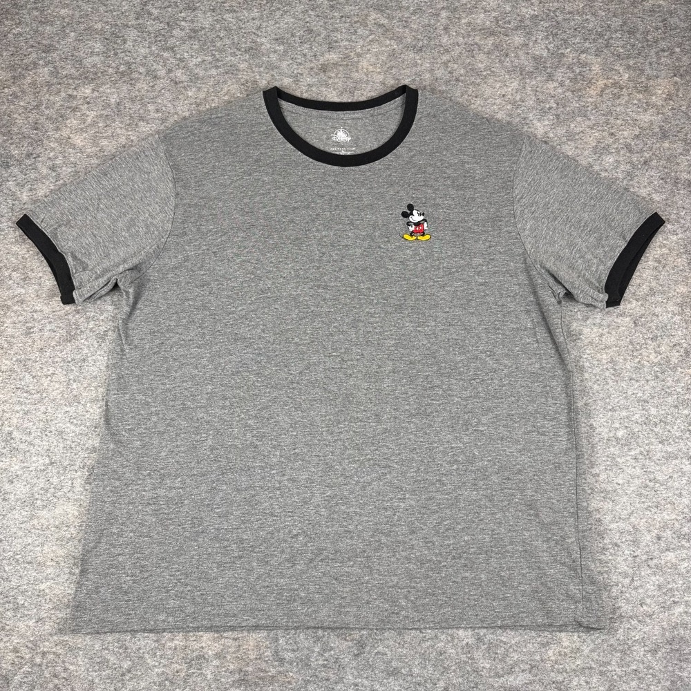 Disney Store T-Shirt Ringer Tee Mickey Mouse Embroidered Logo Gray Mens Large L